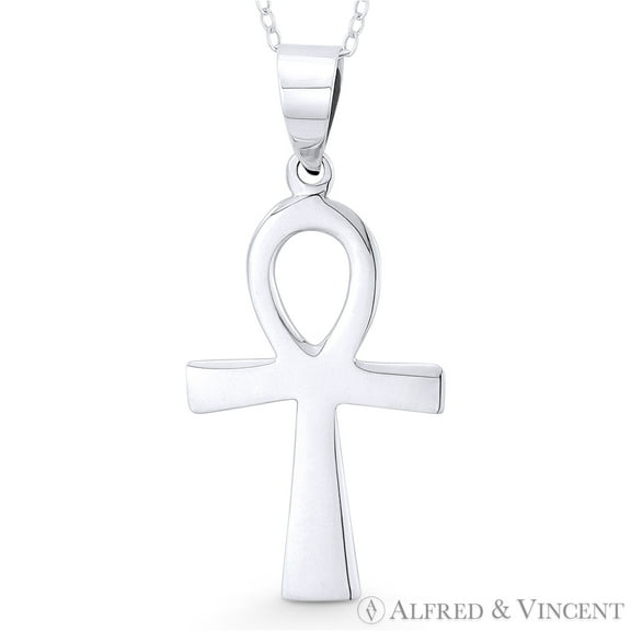Egyptian Ankh Cross Key-of-Life Charm Pendant w/ Chain Necklace in .925 Sterling Silver