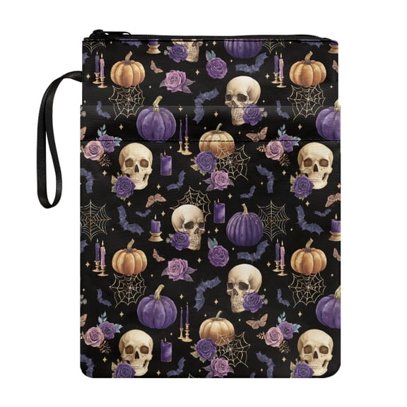 HELLHERO Skulls and Roses Pattern 1 pc Notebook Wraps with Zipper Retro Book Cover Carrying Case with Handle for Librarian Storage & Portability