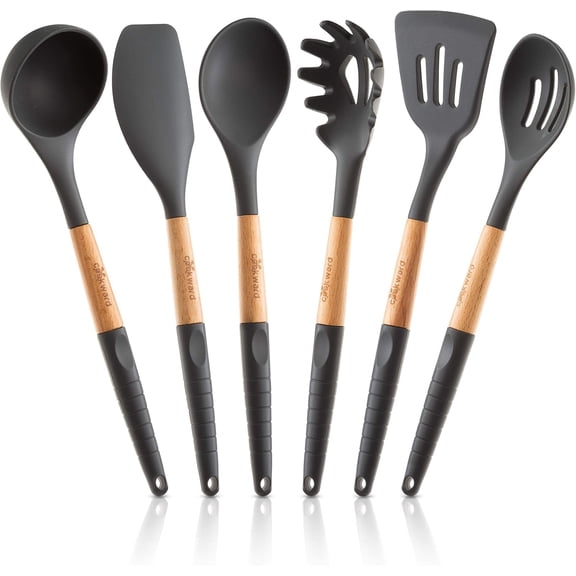 6 Pcs Cookward Silicone Cooking Utensils Set - Natural Wood Kitchen Utensils – Eco Friendly & BPA Free, Non-Scratch & Non-Stick Easy Grip -Dark Grey