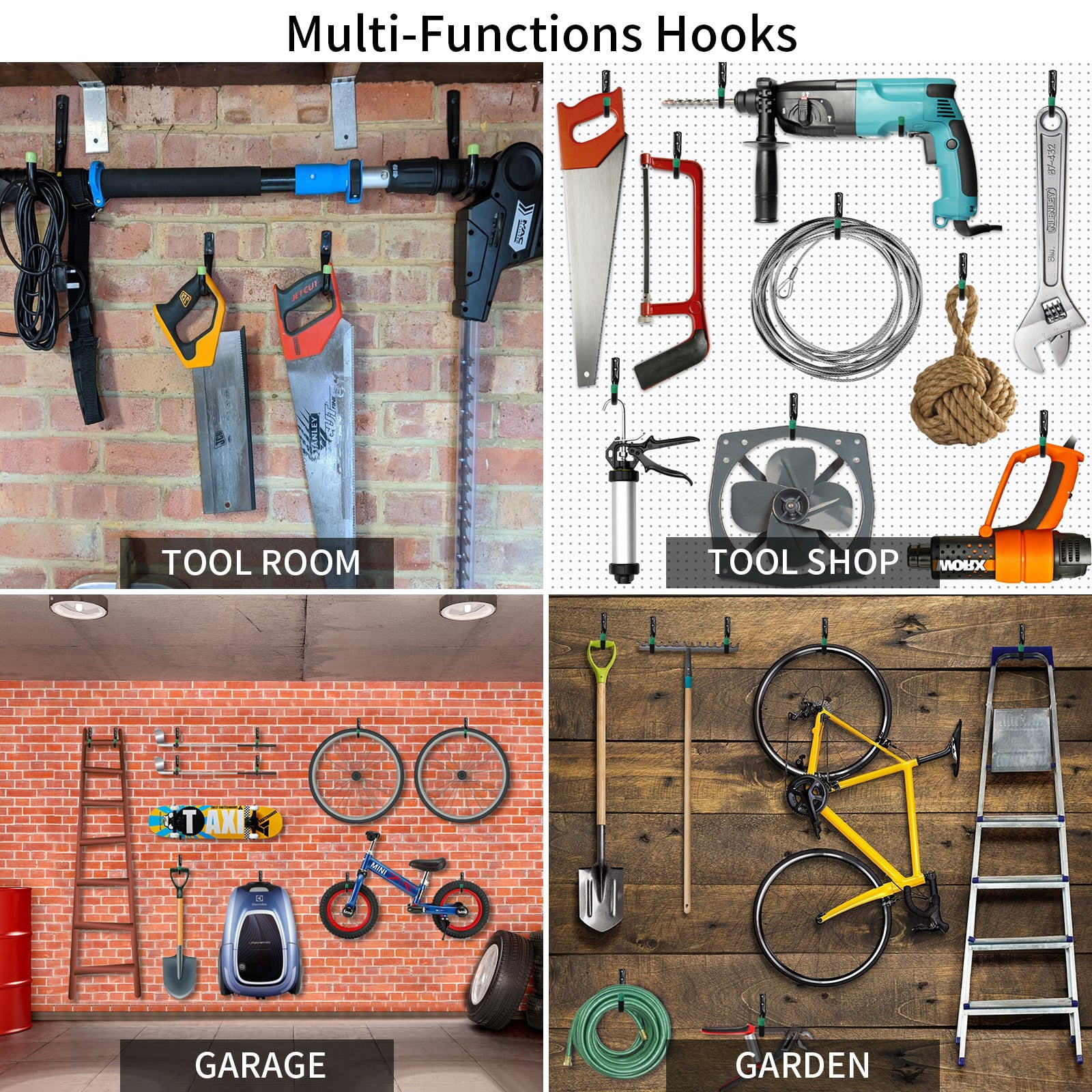 6 Pack Heavy Duty Garage Hooks, J Utility Wall Hooks for Hanging Bike, Ladder and Garden Tools, Green