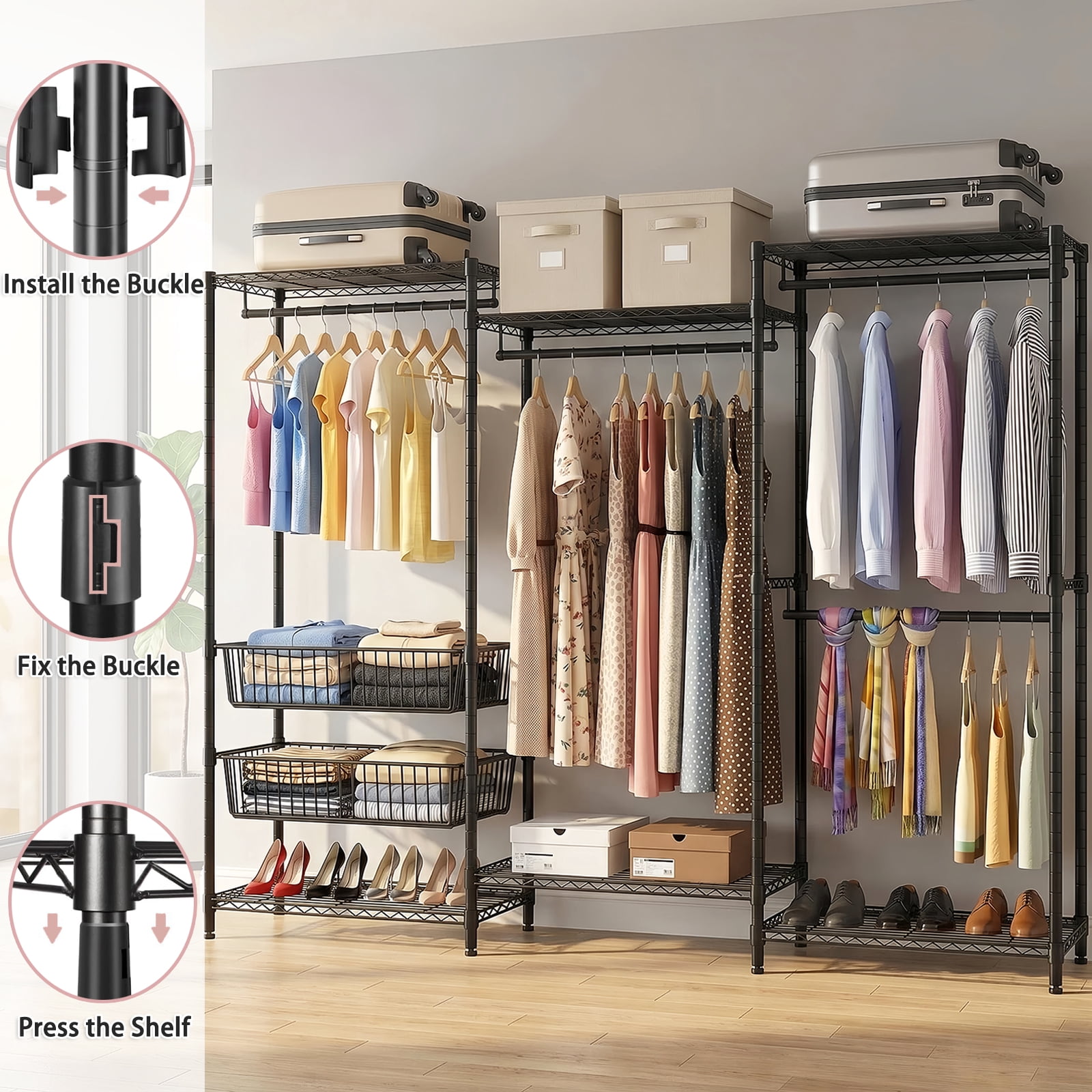 Heavy Duty Clothes Rack with 4 Hanging Rods and 2 Wire Baskets, Freestanding Garment Rack with Adjustable Shelves for Closet and Bedroom, Black