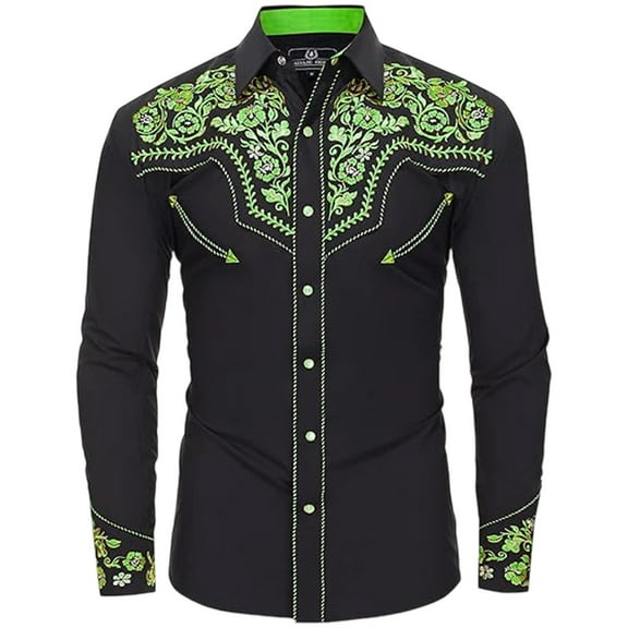 Men's Western Cowboy Shirts Long Sleeve Embroidered Shirts Slim Fit Casual Button Down Shirt With Pockets