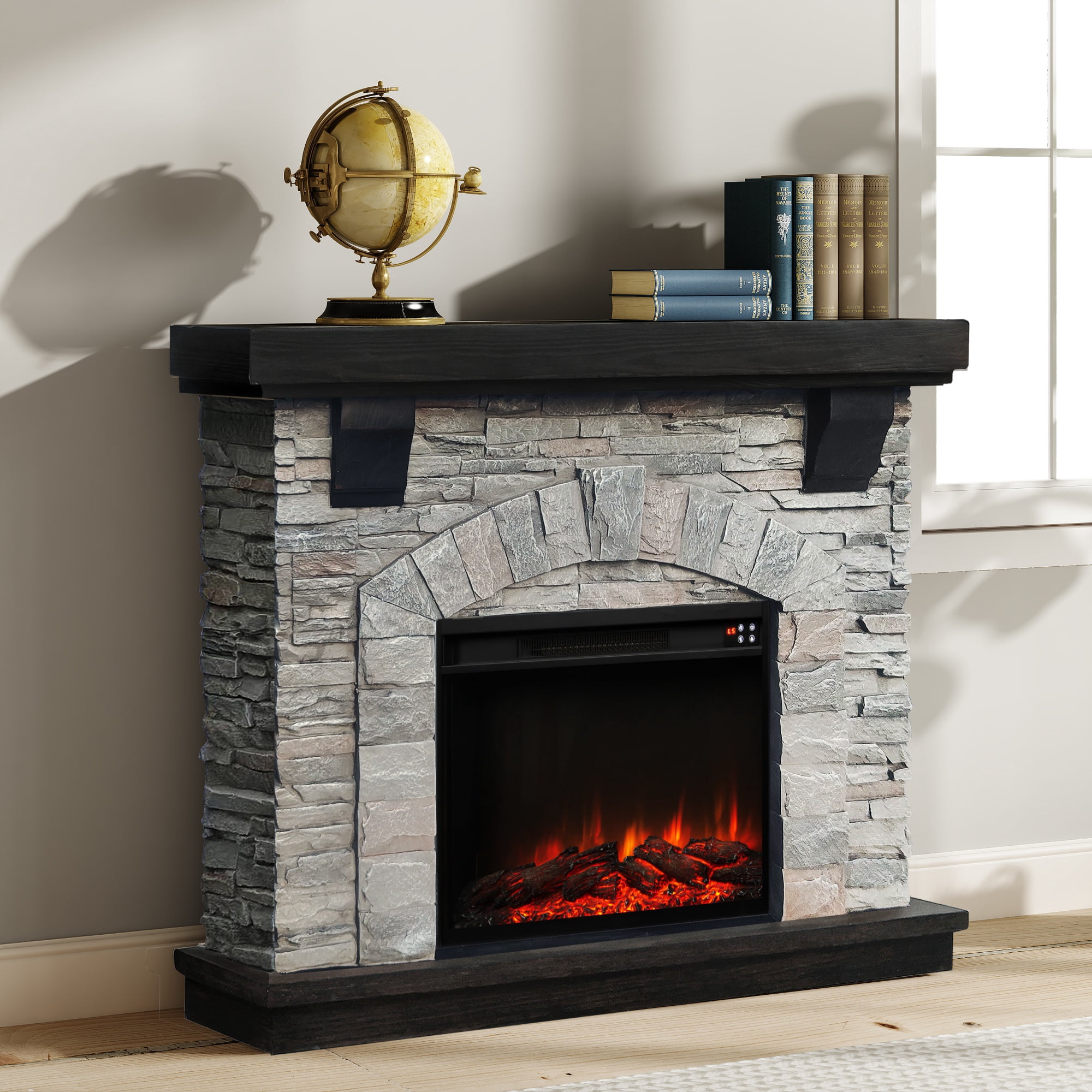 Joy River 45" Electric Fireplace with Faux Brick and Remote Control, Grey, Modern Interior Decor