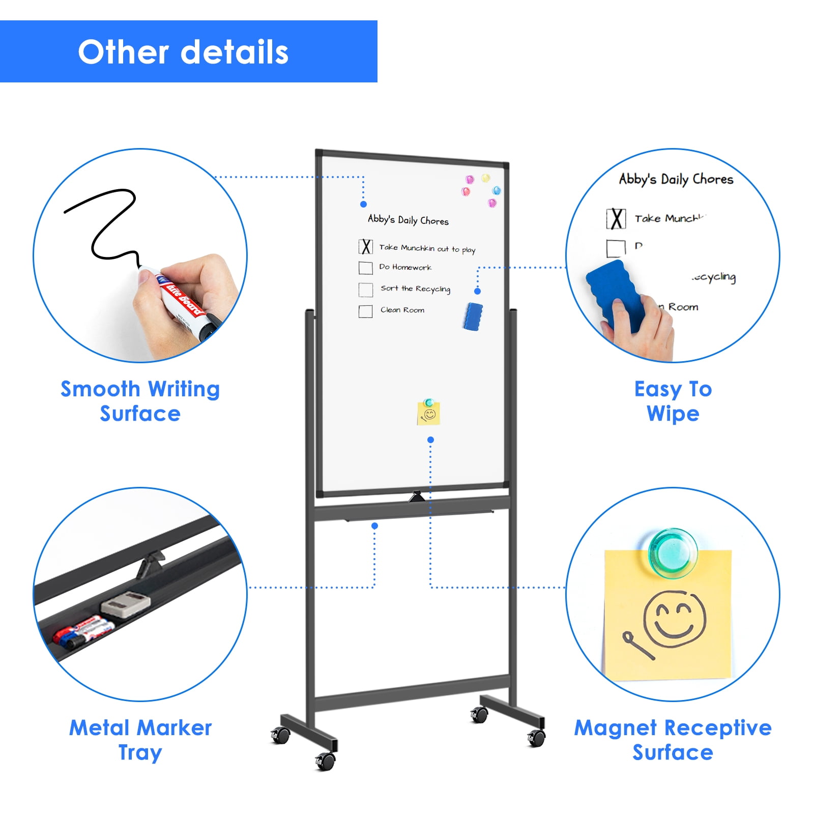 Magnetic Mobile White Board, 40 x 24 Maxtek Double Sided Dry Erase Board Rolling Whiteboard, Aluminum Frame Standing Whiteboard on Wheels for Home Office Classroom (40 x 24 Black)