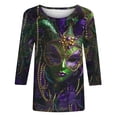 thumbnail image 5 of Mceream 3/4 Sleeve Mardi Gras Outfit for Women Mask Print 3/4 Sleeve Tops Orleans Carnival Party Shirt Tee Crewneck T-Shirts Funny Graphic Blouse plus size Black M, 5 of 6