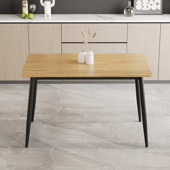 Modern Minimalist MDF Wood Grain Dining Table Black Metal Legs for 4-6 People Easy Assembly