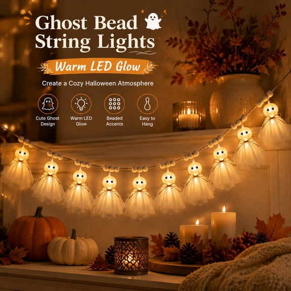 Halloween Decoration Ghost String Lights - 10 LED 6.5ft Battery Powered Fabric Ghost Garland, Halloween Indoor Outdoor Decor for Party