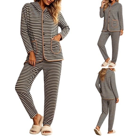 Fewfanhot Womens Sleepwear Stripe 2 Piece Lounge Set Long Sleeve Comfy Pj Sets Fall Loungewear Sleepwear with Pockets