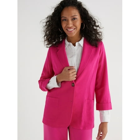Time and Tru Women’s Linen-Blend Button Front Blazer with Patch Pockets, Sizes S-XXXL