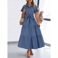thumbnail image 3 of Denim Blue Womens Short Sleeve Shirt Dress With Belted Waist And Tiered Skirt, 3 of 6