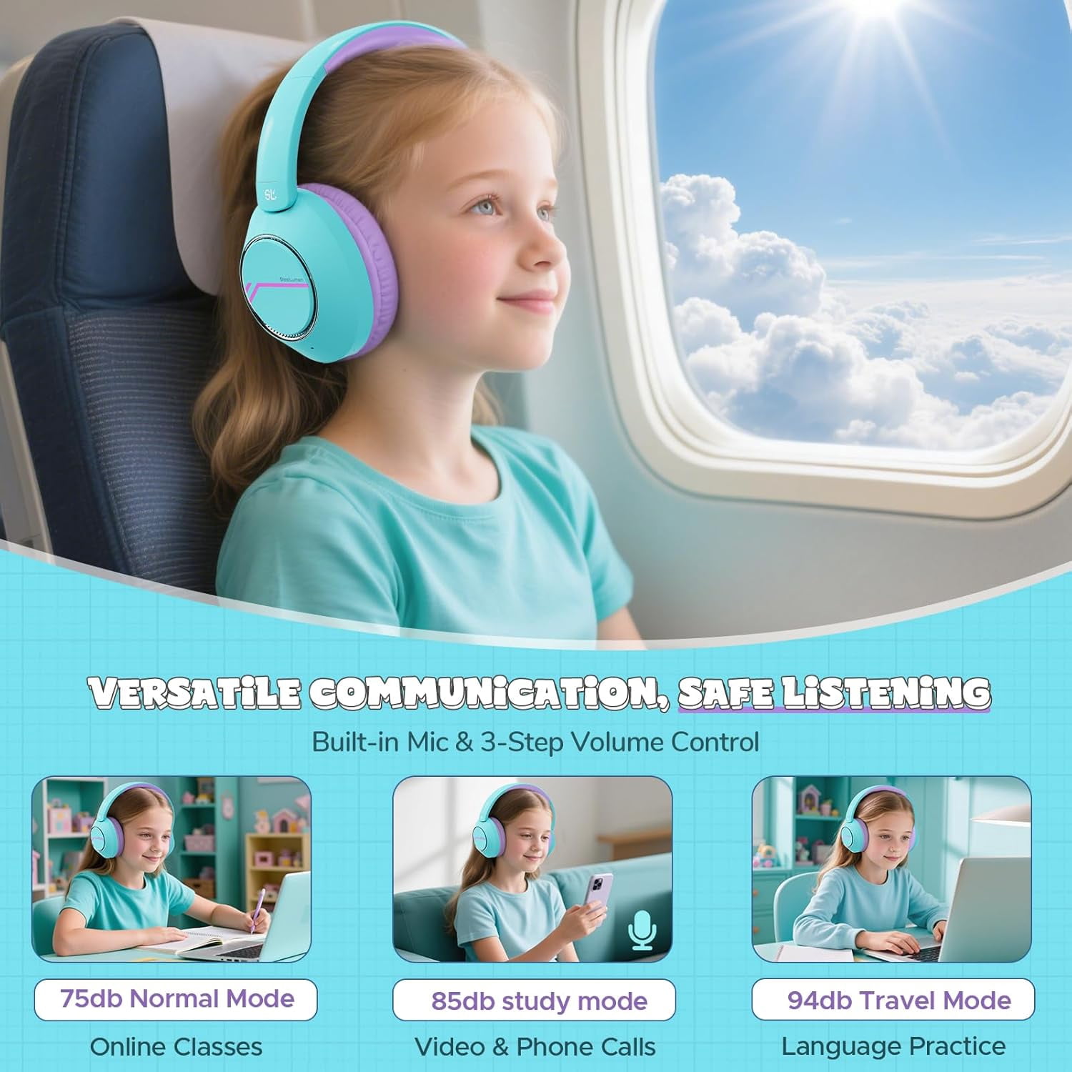 Nova1Pro Kids Wireless Active Noise Cancelling Headphones, Bluetooth 5.4, 60H Playtime, Volume Limited 75/85/94dB, Type-C Fast Charging, Mic, Foldable for School/Travel/Airplane, Green