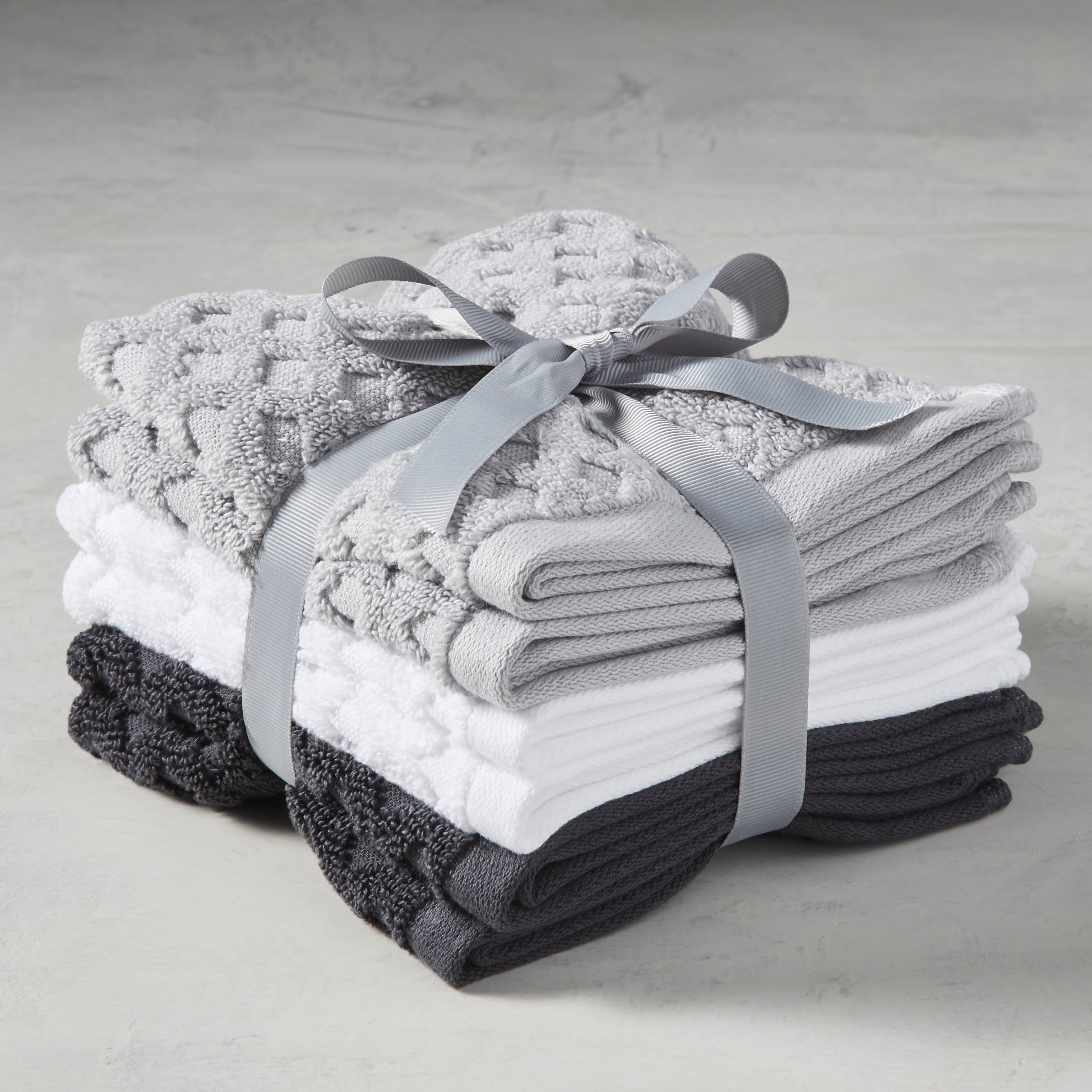 Better Homes & Gardens Signature Soft Textured 6 Piece Washcloth, White/Gray