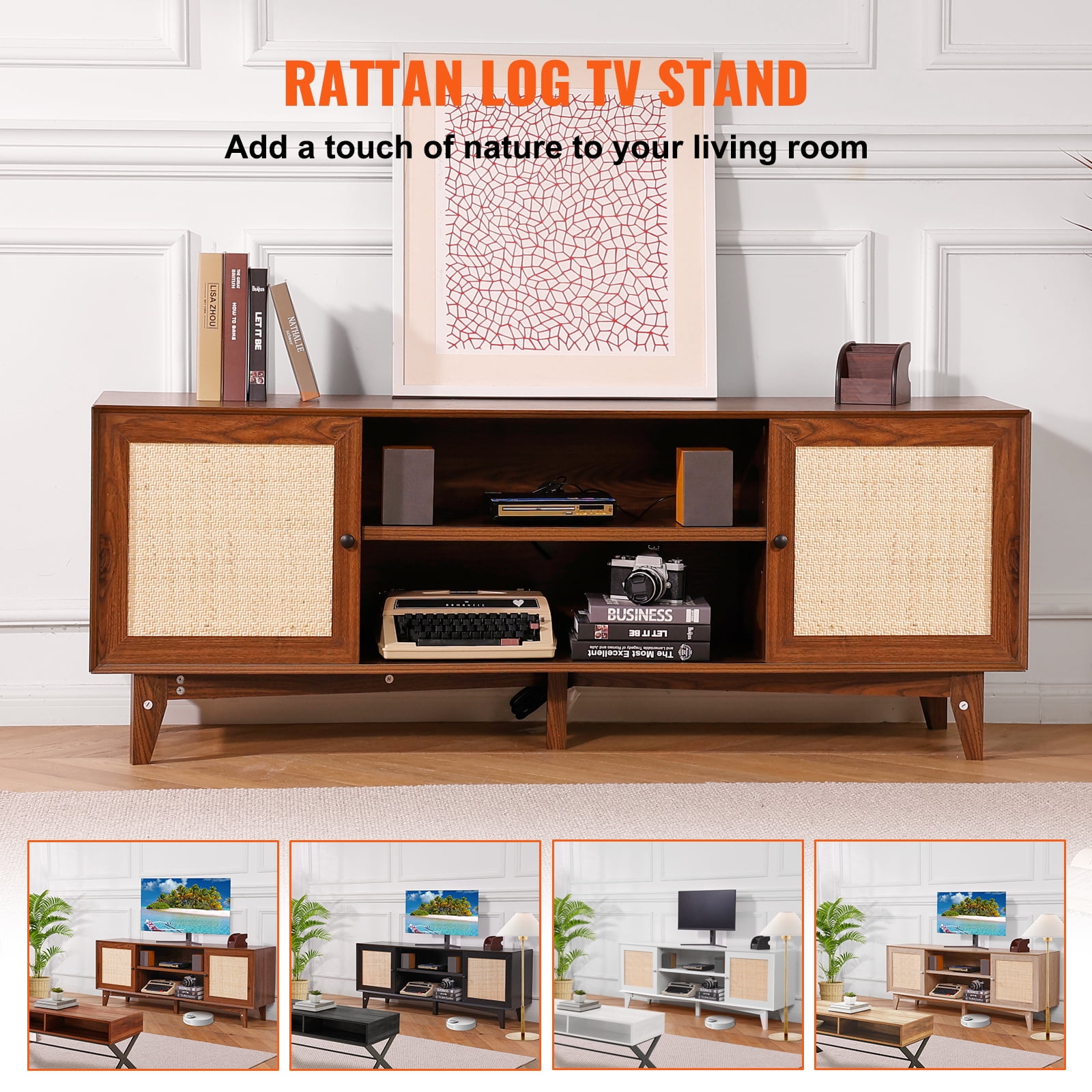KFFKFF Walnut TV Stand for 75in Television, Bohemian Style TV Console with Rattan Door, Media Center with Integrated Socket, Two-Shelf Storage Cabinet, Contemporary Design for Living Space,Media Area