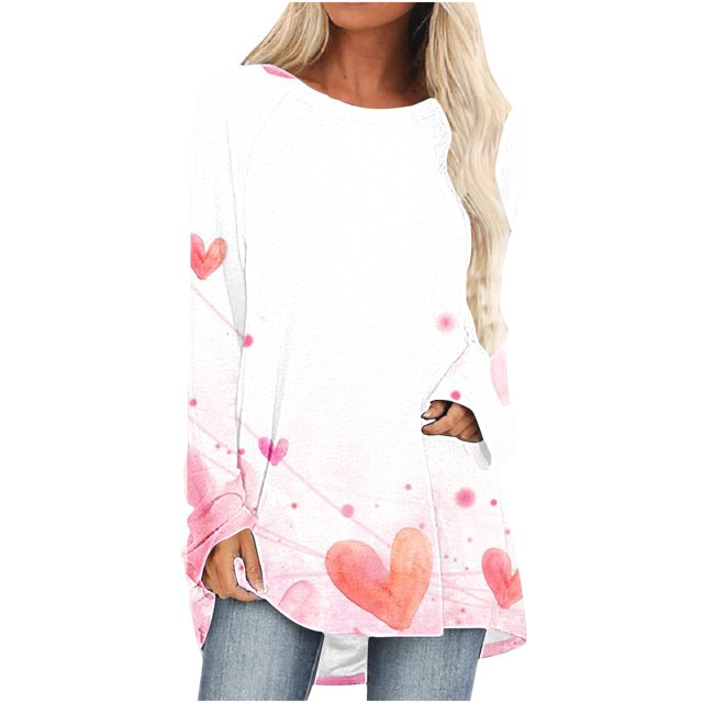 Cameland Chemises Grande Taille pour Femmes Imprimé Cœur Hauts de la Saint-Valentin Manches Longues Tunique Col Rond Blouses