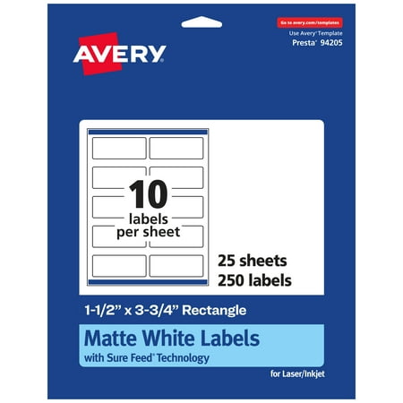 UPC: 0194793020557 | Avery Matte White Rectangle Labels with Sure Feed  1.5  x 3.75   250 Matte White Printable Labels