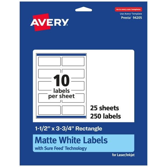 Avery Matte White Rectangle Labels, 1.5" x 3.75", 250 Labels