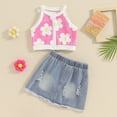 thumbnail image 2 of Bagilaanoe 2Pcs Toddler Baby Girls Summer Clothes Floral Print Sleeveless Tank Tops + Ripped Denim Skirt 12M 18M 24M 3T 4T 5T Kids Casual Skirt Set, 2 of 7