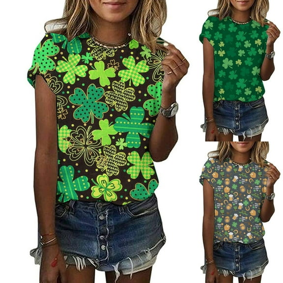 Fesfesfes Tshirts Shirts for Women Casual St. Patrick's Day Printed Short Sleeve Round Neck Pullover Blouse T-shirt Tops Sweatshirt for Women XL(US:10)
