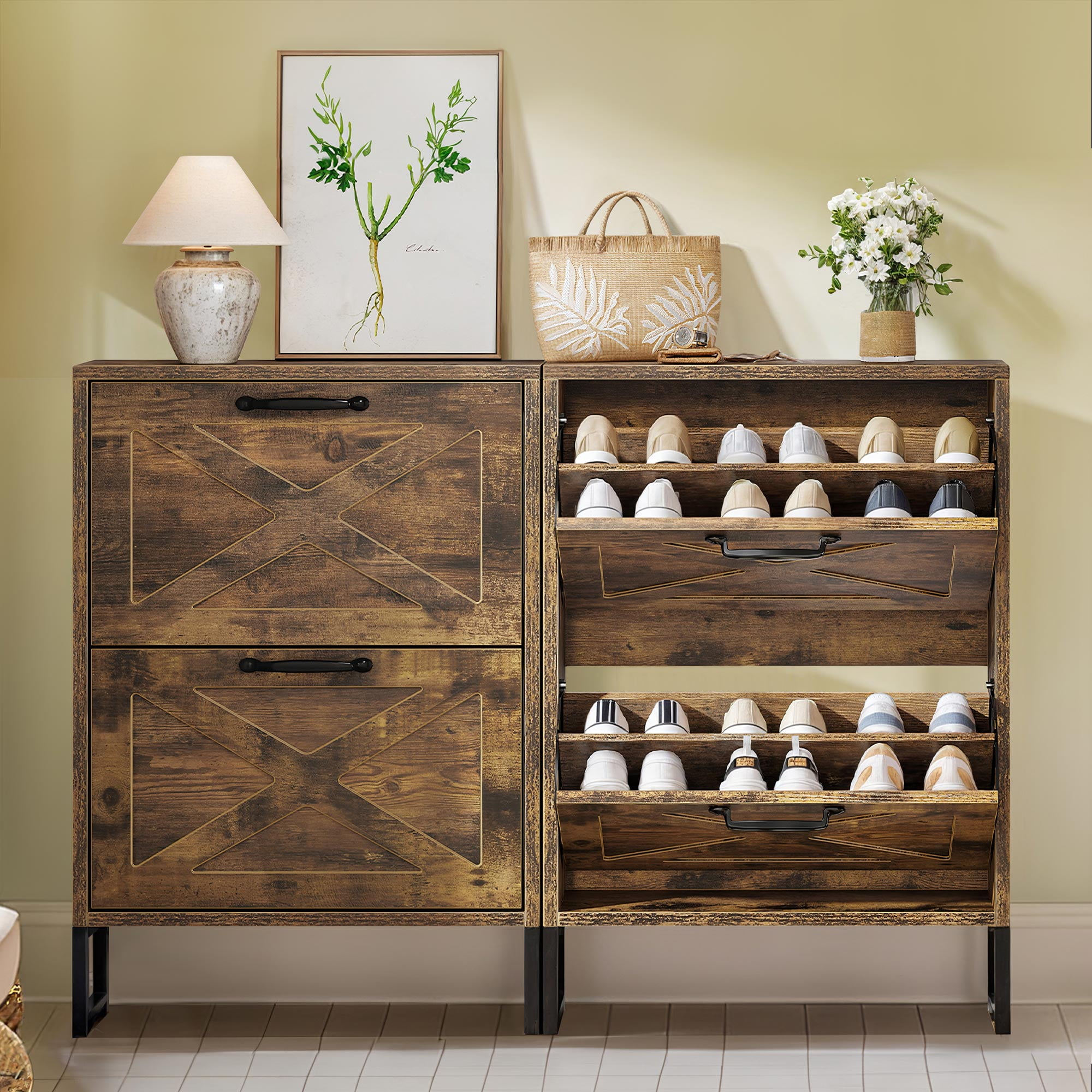 Uforic Shoe Cabinet with 2 Flip Drawers, Farmhouse Narrow Shoe Rack Organizer with Metal Legs, Brown