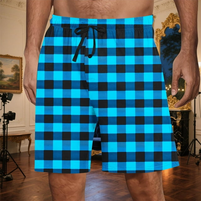 Ceisia Men's Gift Relaxed Knee-Length Plaid Shorts Elastic Waist Drawstring Purple-Black Multi-Color