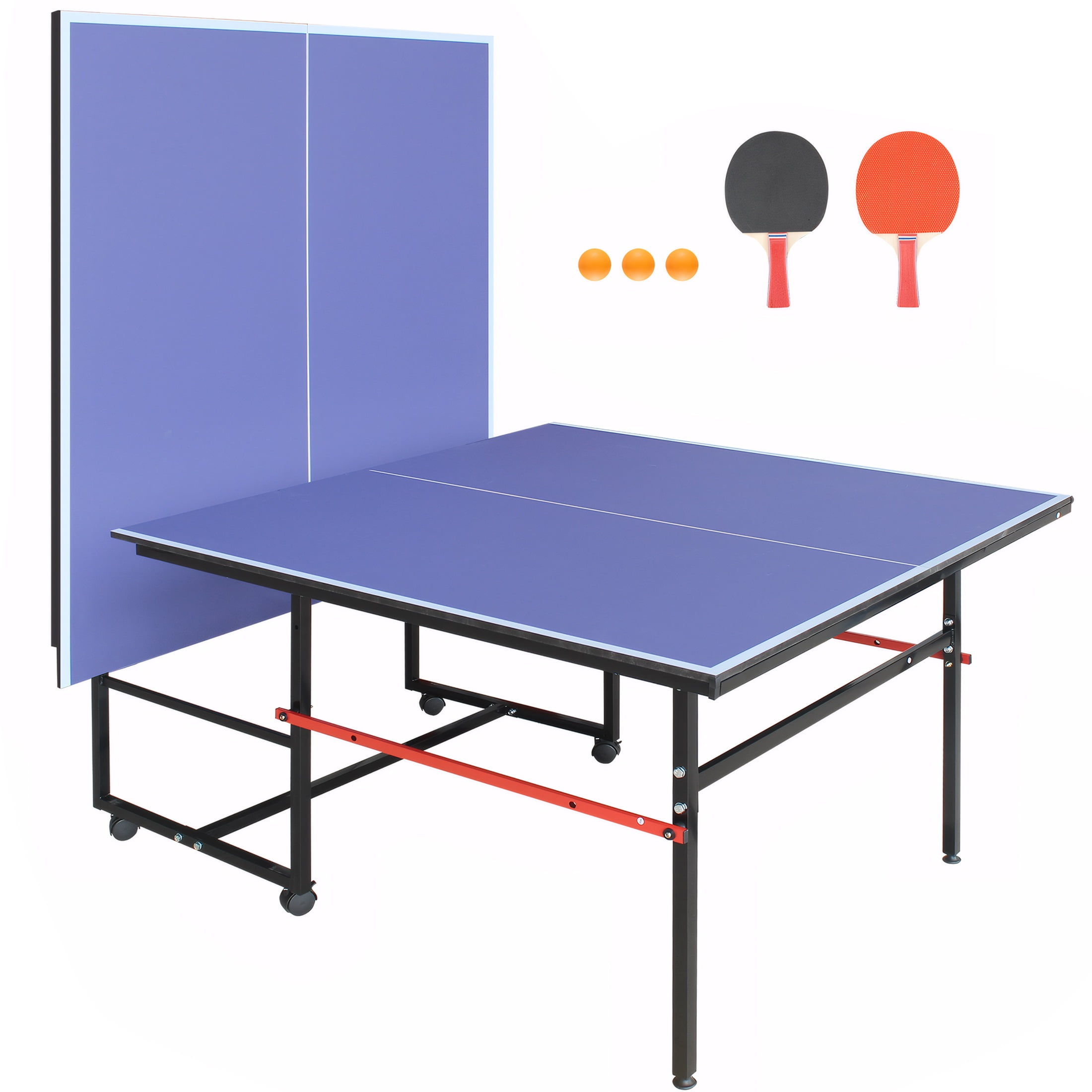 8FT Mid-Size Table Tennis Table, SEGMART Foldable Outdoor Ping Pong Table with Net, 2 Table Tennis Paddles and 3 Balls, Portable Table Tennis Game Set for Indoor Outdoor, Blue