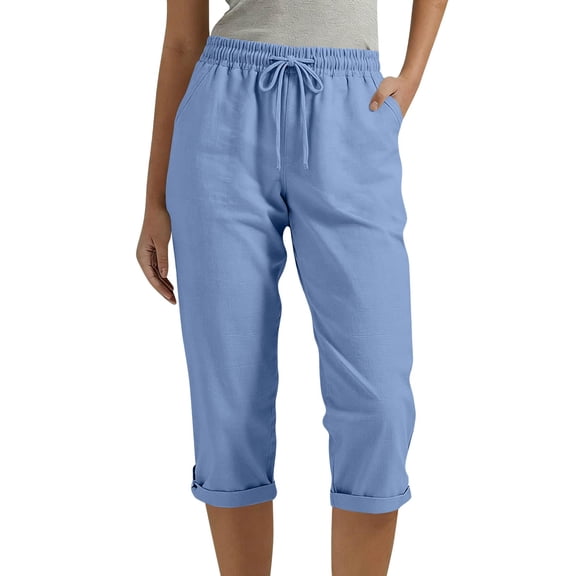 Summer Capris for Women New Womens Linen Capris Trousers with Pockets, Elastic Waist Drawstring Casual Pants, Summer Loose Fits Versatile Pants