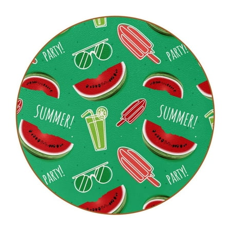 

OWNTA Summer Drinks Ice Creams Watermelons Pattern Premium Microfiber Leather Round Coasters (6PCS) - 11x11 cm/4.3x4.3 in - Durable & Stylish Cup Mat Set
