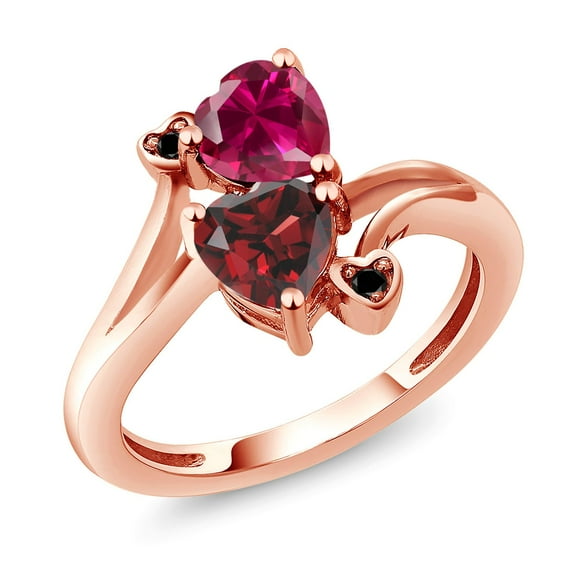 Gem Stone King 18K Rose Gold Plated Silver Red Created Ruby Red Garnet and Black Diamond Ring for Women (1.90 Cttw, Heart Shape 6MM, Gemstone July Birthstone, Size 8)