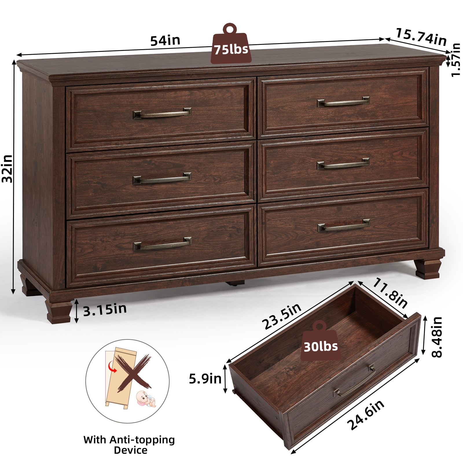 LELELINKY Farmhouse 6 Drawer Dresser, 54" Long Dressers for Bedroom, Chest of Drawers Closet Organizers and Storage Clothes for Living Room, Hallway, Walnut