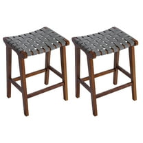 24 Inch Height Bar Stools, Faux Leather Woven Strips Counter Stools Backless Weave Bar Stool , Set of 2, Walnut Grey