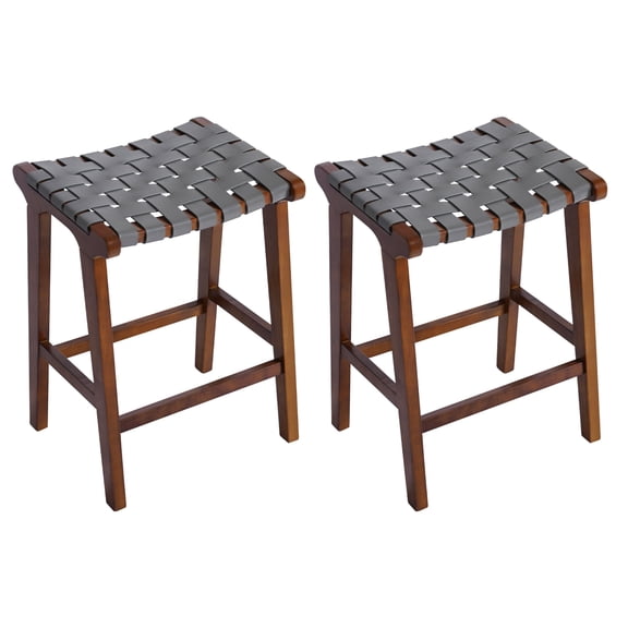 24 Inch Height Bar Stools, Faux Leather Woven Strips Counter Stools Backless Weave Bar Stool , Set of 2, Walnut Grey