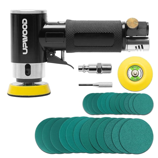 Mini Lijadora Orbital Neumática UPWOOD Azul con Kit de Almohadillas y 24 Papeles de Lija