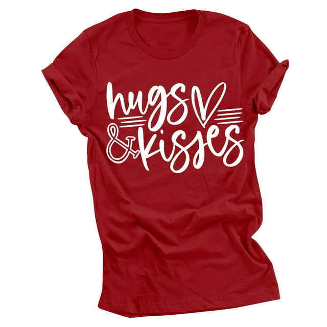 RKSTN Hauts pour Femmes Saint-Valentin Cœur d'Amour Lettres Imprimées Mode Blouse Confortable Hauts Tempérament Couleur Unie Col Rond Manches Courtes Hauts