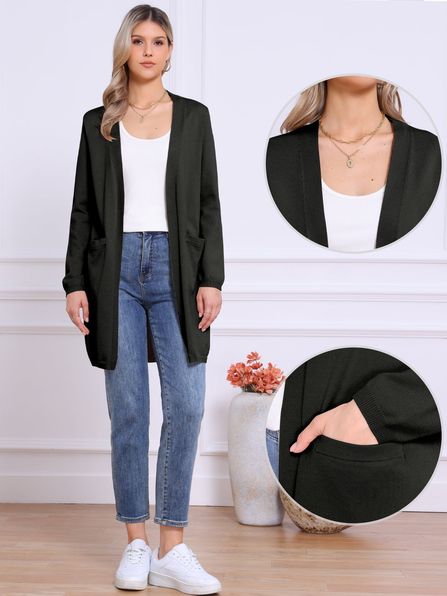 DARING DIVA Long Sweater Lightweight Knit Cardigans S Black