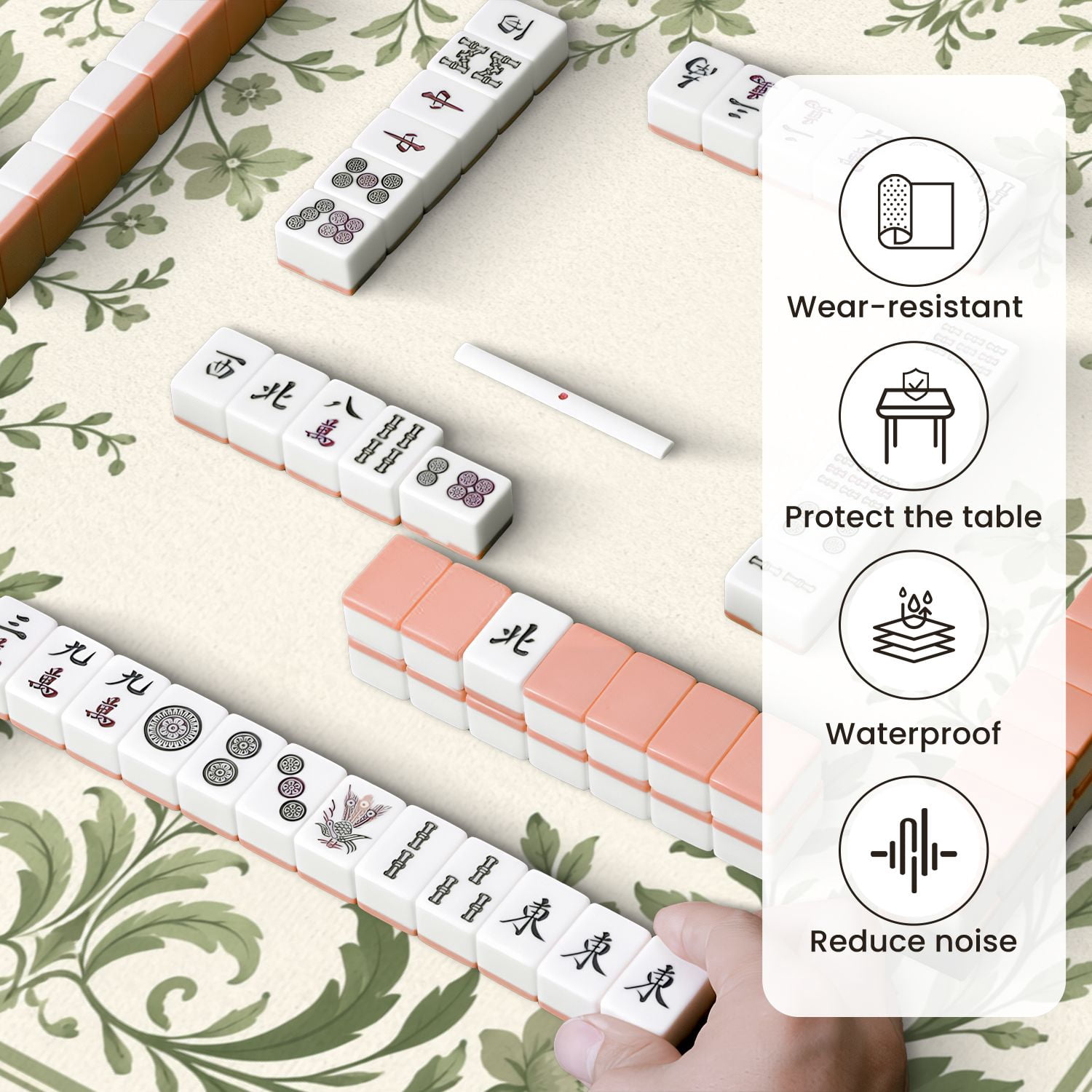 Mahjong Mat 31.5" x 31.5" Green Floral Border Leaves Blossoms Non-Slip Noise Reduction Mahjong Tiles Table Cover for Dominoes Poker Card Board and Tile Games