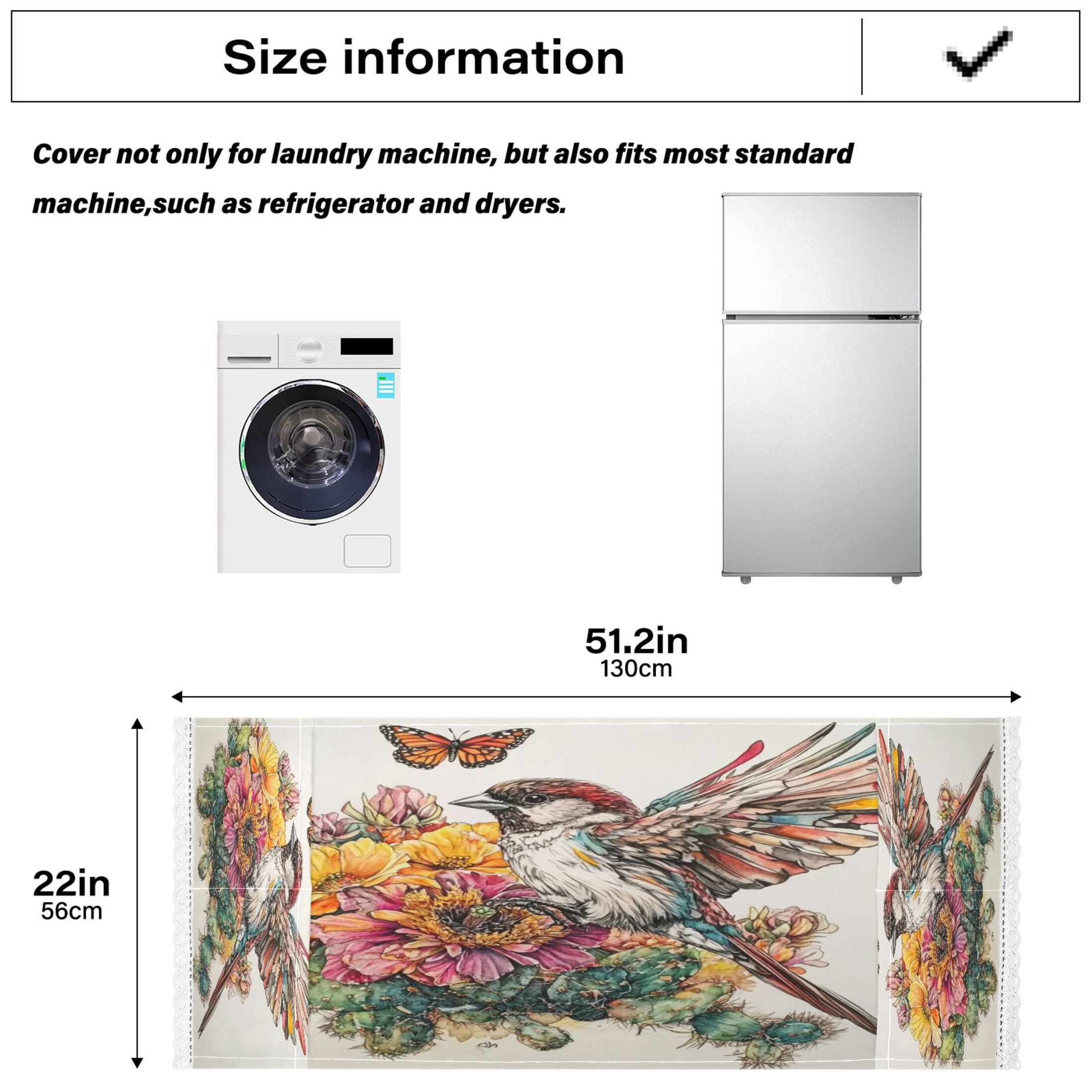 Sparrow with Cactus FlowerWasher and Dryer Covers Dust-Proof and Oil Resistant Fridge Cover with 4 Storage Pockets Washing Machine Top Cover for Laundry Kitchen Home 51.2 x 22 In