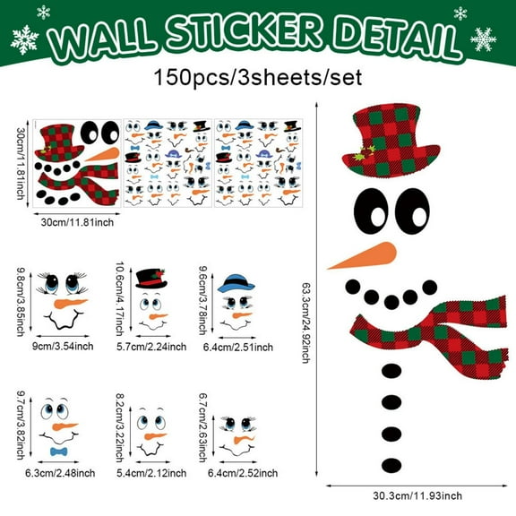 geerera 3 Sheets/150Pcs Snowman Face Stickers, Christmas Vinyl Decals, Holiday Craft Stickers, for Water Bottles, Ornaments, Window Decor