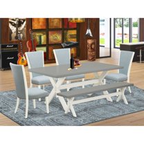 East West Furniture X097VE215-6 6 Piece Dining Set - 4 Baby Blue Linen Fabric Dining Chair with Nailheads and Cement Dining Table - 1 Wooden Bench - Linen White Finish