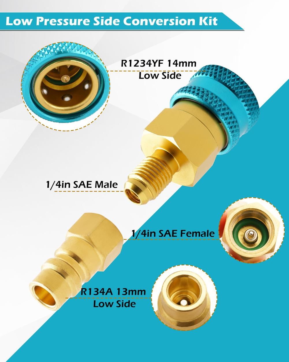 R1234YF to R134A Quick Coupler Adapter Set, High & Low Side AC Charging Connectors, Brass Auto Shut Off Fittings for Car Air Conditioner Refrigerant Service Tool