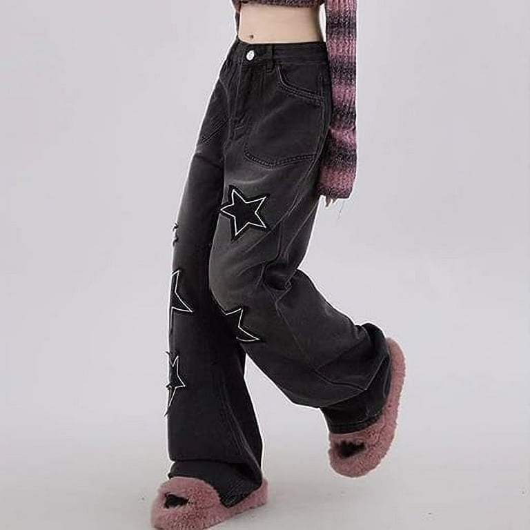 80s~ vintage Artistic Pants y2k ギャル 1点物 LinYooLi Y2K Baggy Jeans Star Patch Wide Leg Pants Alt Emo