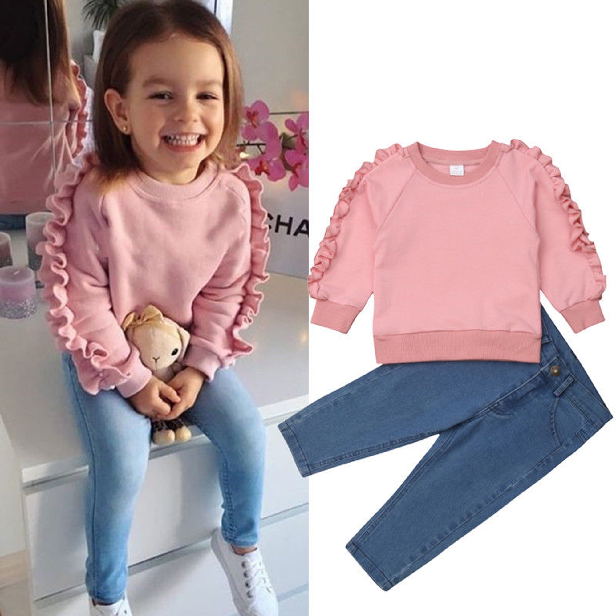 Toddler Kid Baby Girl Tracksuit Ruffle Sweat Shirt Tops+Pants 2PCS Outfit Set US 