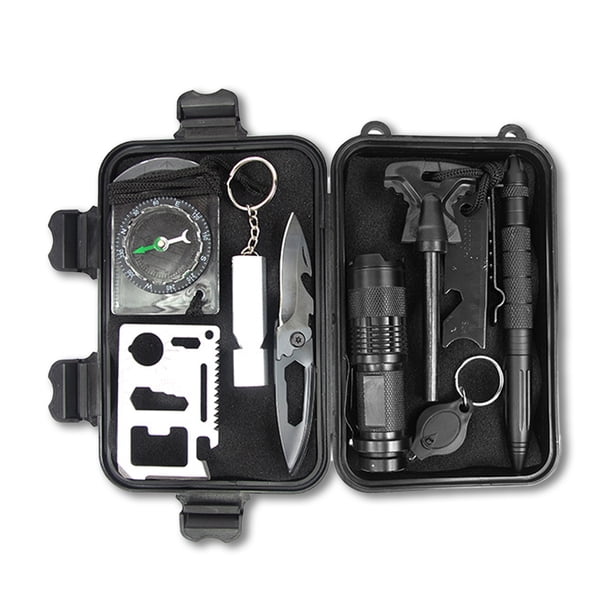 Paquete de 10 Caja de supervivencia de emergencia al aire libre 10 en 1 Herramientas de senderismo Portátil Multifuncional defensa de pesca Flashlight Gear Irene Inevent OD003443-00