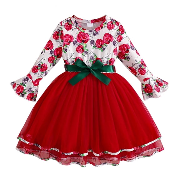 Girls Christmas Dress Long Sleeve Red Floral Print Tulle Tutu Dress with Bell Sleeves & Green Belt for Holiday Party, 3-10 Years,Size 9 T
