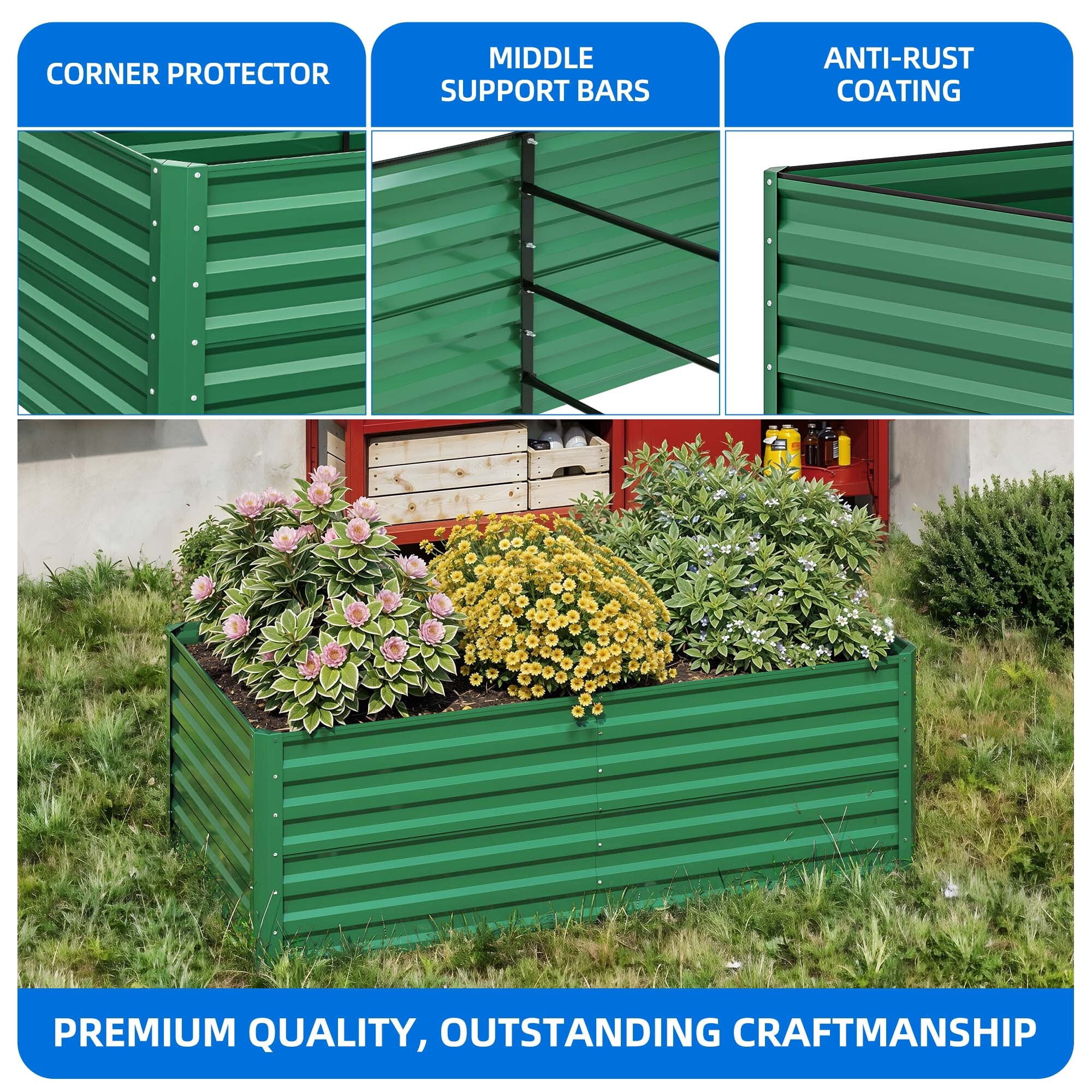 Uforic 6x3x2 ft 2-Pack Galvanized Raised Garden Bed Kit, Green Metal Planter Box with Gloves, Ground Nails & Support Rod, Outdoor Above Ground Planter for Vegetables, Flowers, Plants