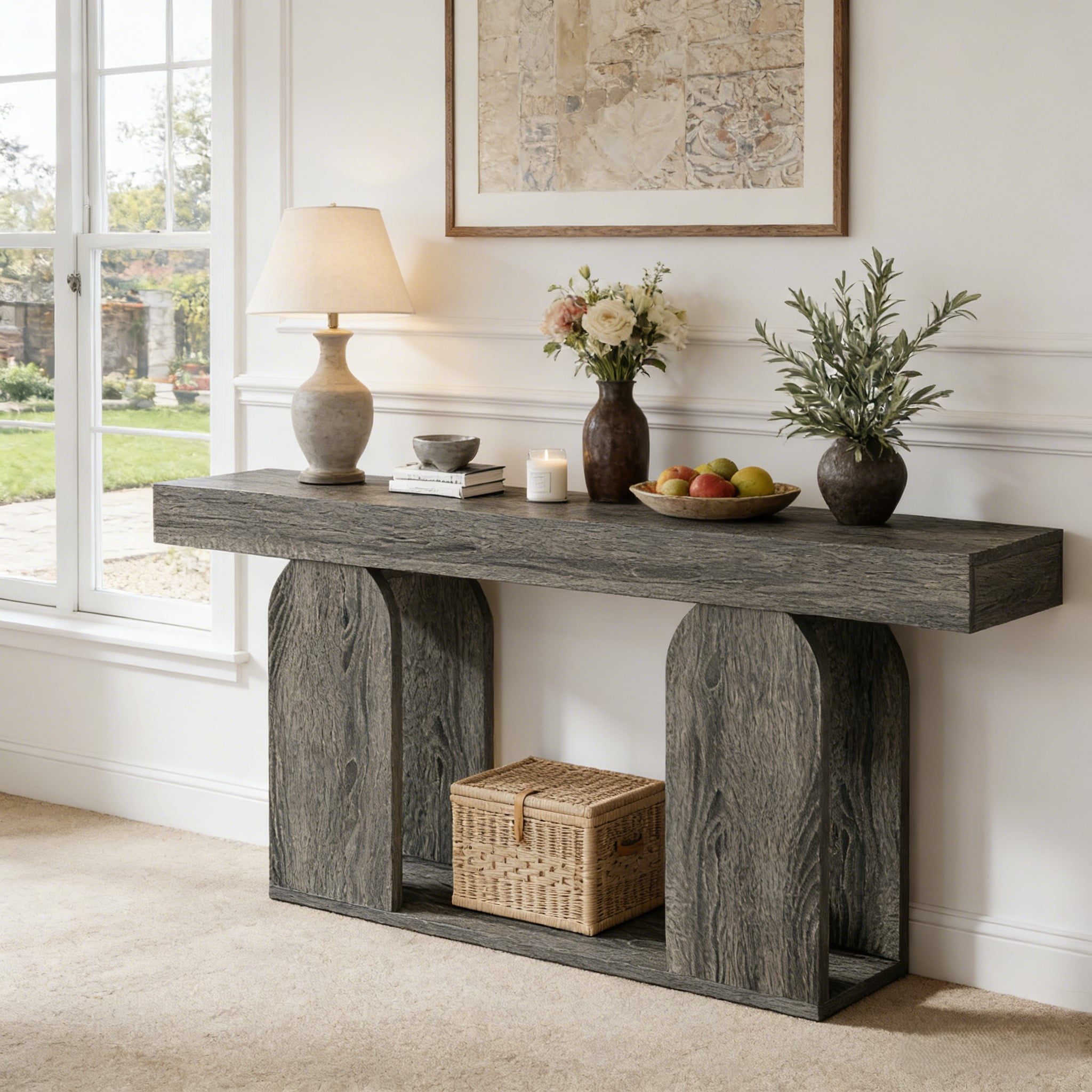 Fnova 70.87" Farmhouse Console Table for Entryway, 2-Tier Storage Long Narrow Wood Entryway Table, Easy Assembly, Gray