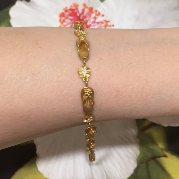 Beautiful Hawaiian Slipper Plumeria Bracelet, Sterling Silver Yellow-Gold Plated Sandal Plumeria CZ Bracelet B3135 Birthday Valentine Gift