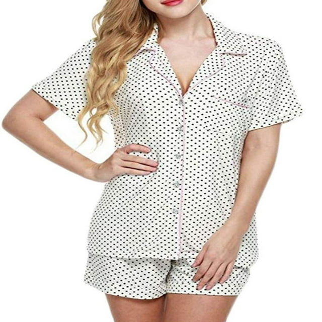 Women 2PCS Pajama Set Solid Color/Dot/Striped Short Sleeve Top Short Pants