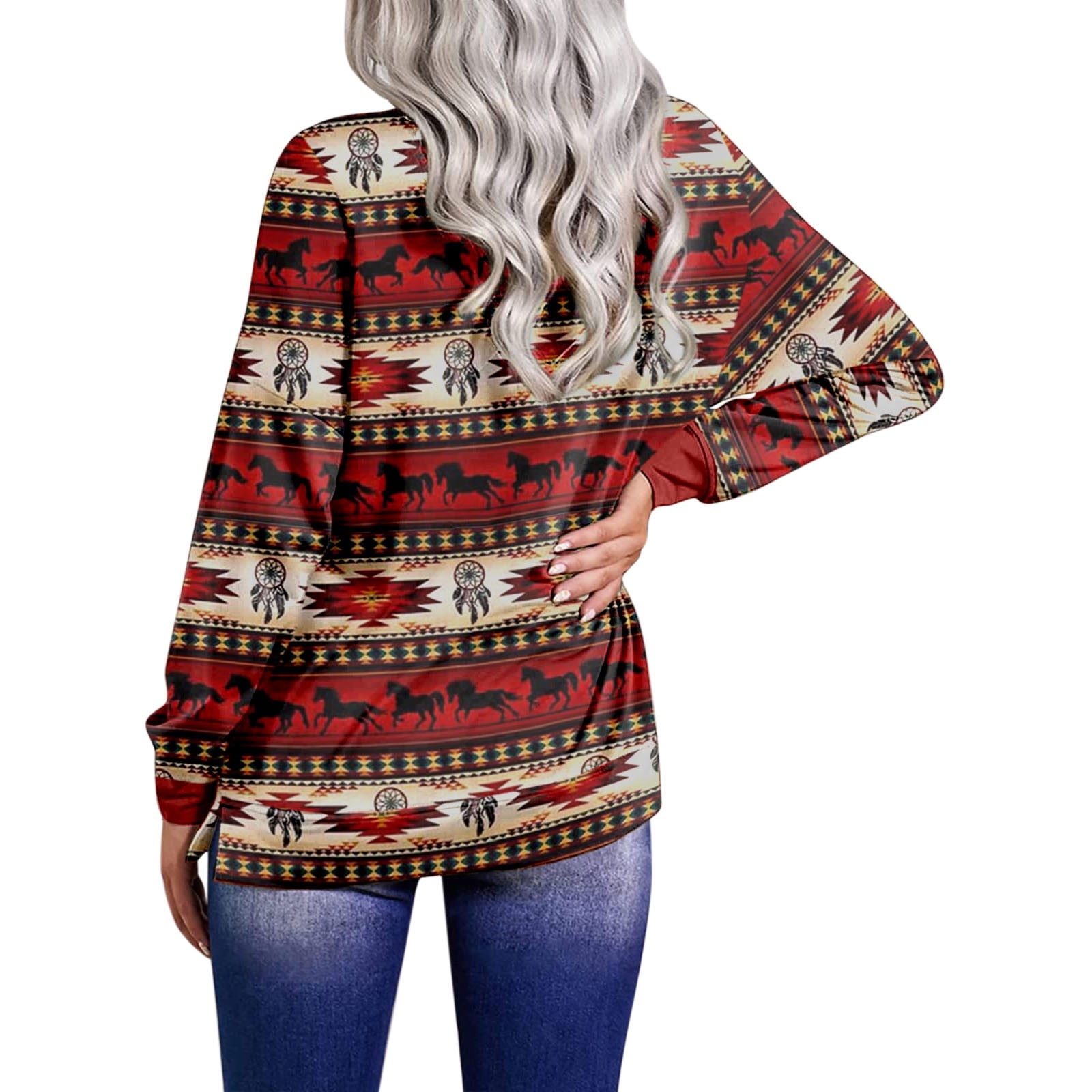 TYLBkk CLEARANCE Long Sleeve Shirts for Women Tribal Print Zip