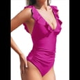 thumbnail image 2 of Traje de Baño de una Pieza con Volantes para Mujer, Escote en V, Cordones, Color Rojo Rosa, Talla XL, 2 of 6