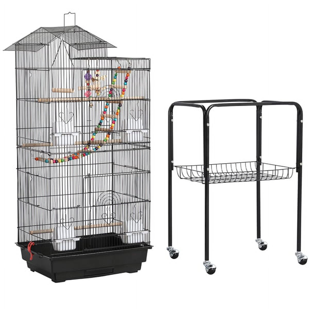 Alden Design 62.4"H Metal Rolling Mid-Size Bird Cage with Detachable Stand, Black